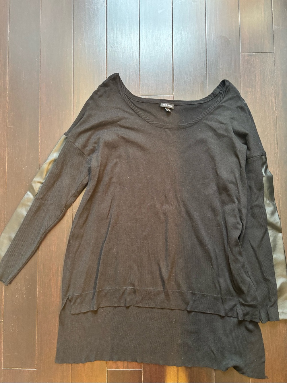 Torrid Black Mixed-Media Scoop Neck Sweater with Faux Leather Sleeves
